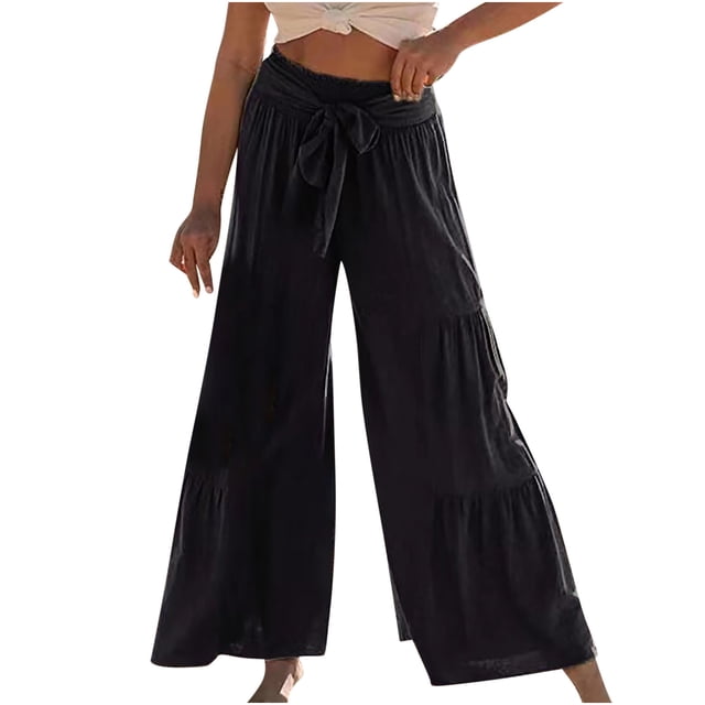 Palazzo Pants for Women Casual Solid Color Wide Leg Pants Elastic Waist Drawstring Ankle-Length Long Trousers