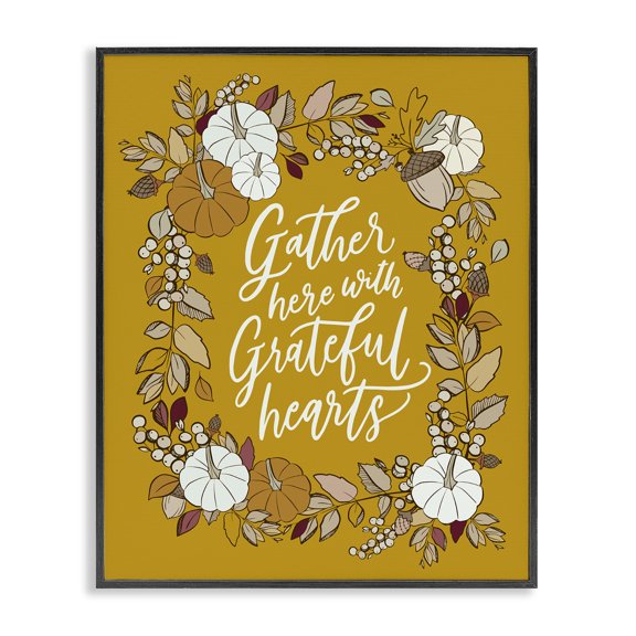 Stupell Industries Farmhouse Grateful Hearts Autumnal Vegetation Pumpkins Botanical Border Black Framed Giclee Art, 11 x 14, by Doodles.Ink.