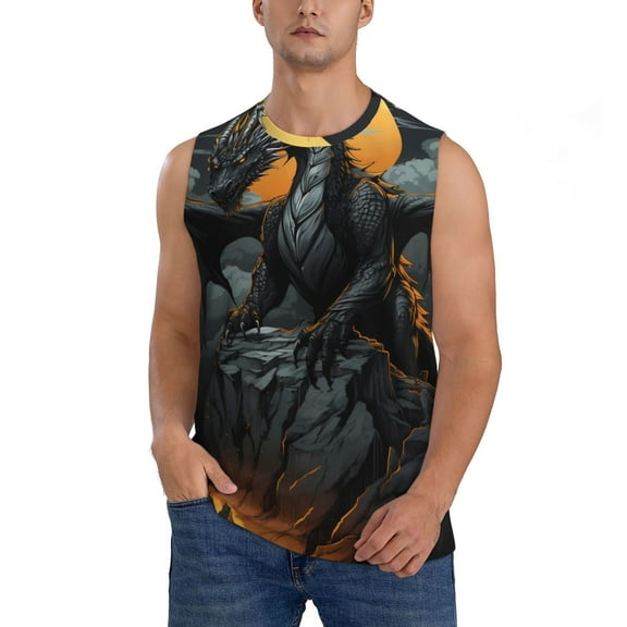 Xecao Full Moon Black Dragon Print Men's Tank Top: Sleek Sleeveless Tee for Casual Sports and Beach Occasions-Small