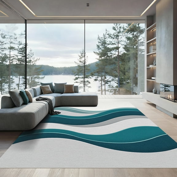 ODIKA 4'x6' Machine Washable Non-Slip Area Rug, Abstract Teal High Traffic Rug, Blue, 1004430