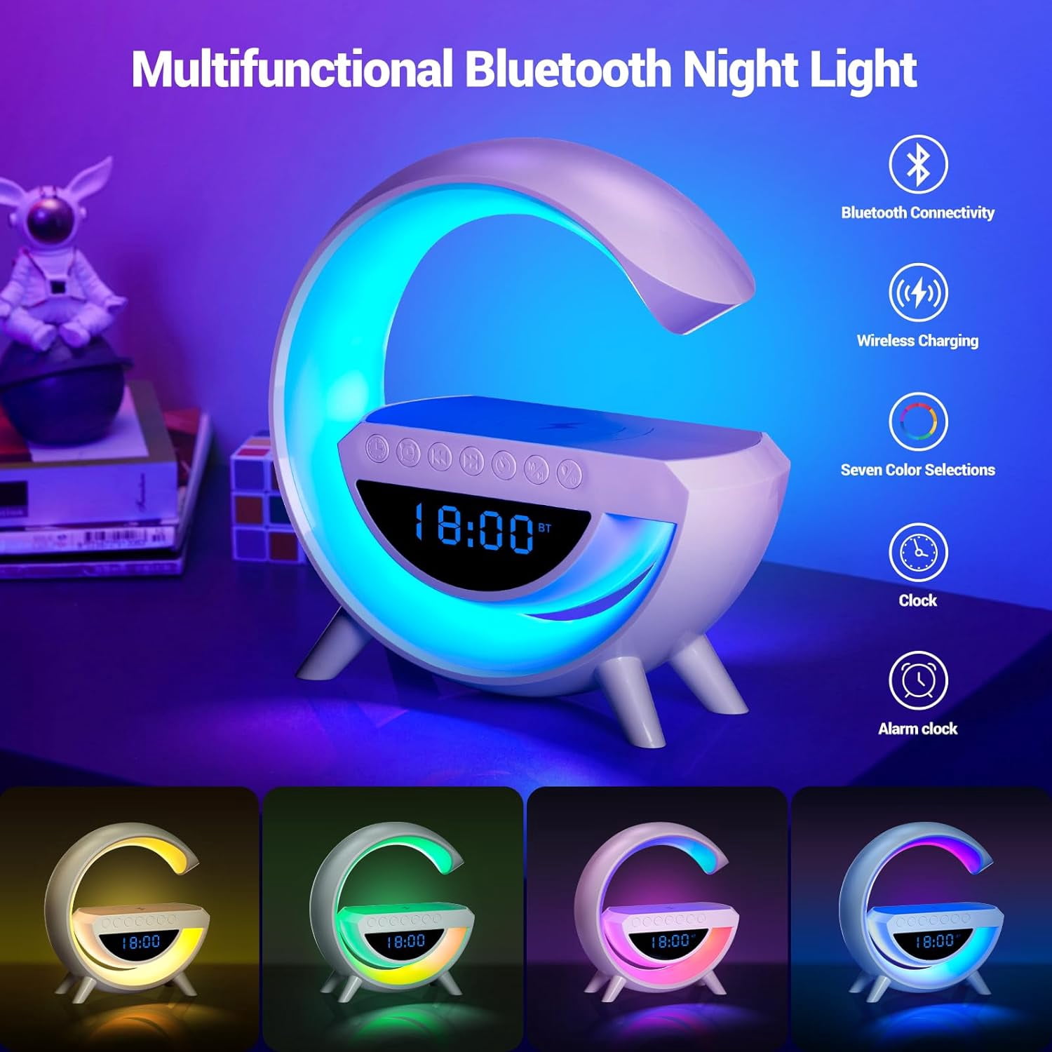 Wireless Charger Atmosphere Lamp with Bluetooth Speaker Alarm Clock Night Light 15W Wireless Charger Speaker for Bedside Lamp Desk Clock Sound Machine Ambient Lighting for Christmas Gifts