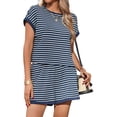 thumbnail image 3 of Short Sleeve Stripe Print Women 2 Pieces Lounge Sets Tops and Shorts Pants Sets, 3 of 6