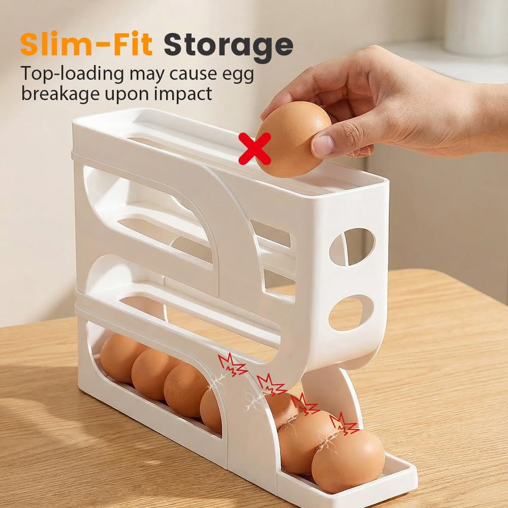 Auto Rolling Egg Holder for Fridge, 4-Tier Egg Dispenser Organizer Holds 28 Eggs, No Assembly Space-Saving Egg Storage Rack for Refrigerator & Countertop