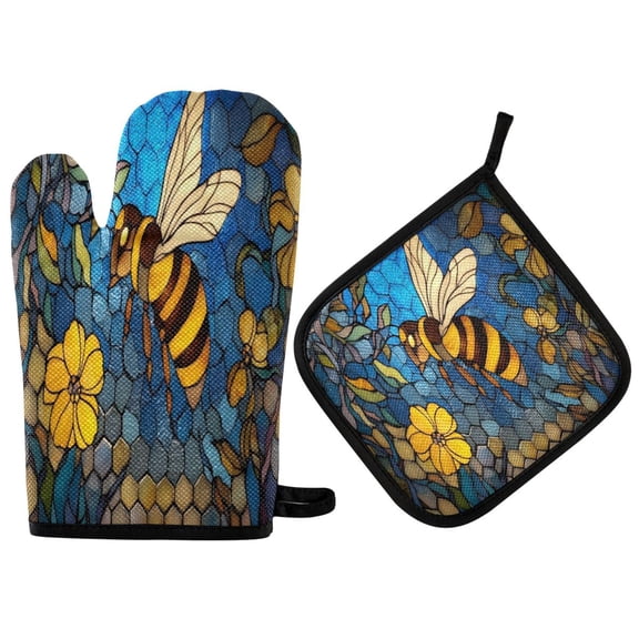 Heat-Resistant Reversible Oven Mitts and Pot Holders Set Double-Sided Insulated Gloves Kitchen Home Supplies Yellow Flowers and Bee