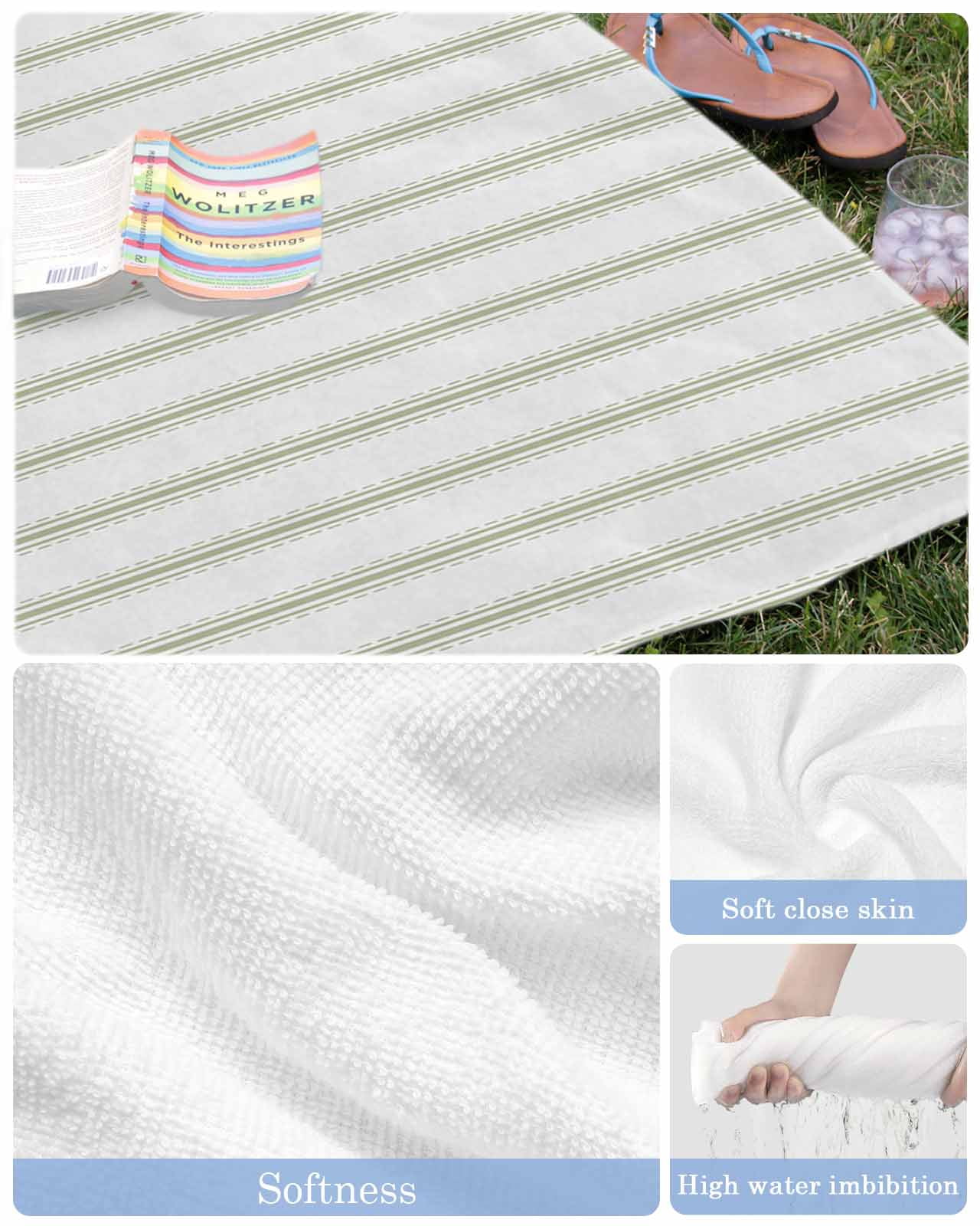 Sage Green Striped Beach Towels Oversized Super Absorbent, Sage Green White Stripes Farmhouse Lightweight Bath Towel Quick Dry Sets For Bathroom/Pool/Rv Camping/Beach Play/Gym Room/Picnic 23"x47"