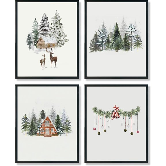 Hieng Falalala Christmas Decorations, Christmas Wall Art Prints Set of 4, Vintage Santa Christmas Tree Posters Wall Art Decor for Reading Room Bedroom, Red & Green Unframed