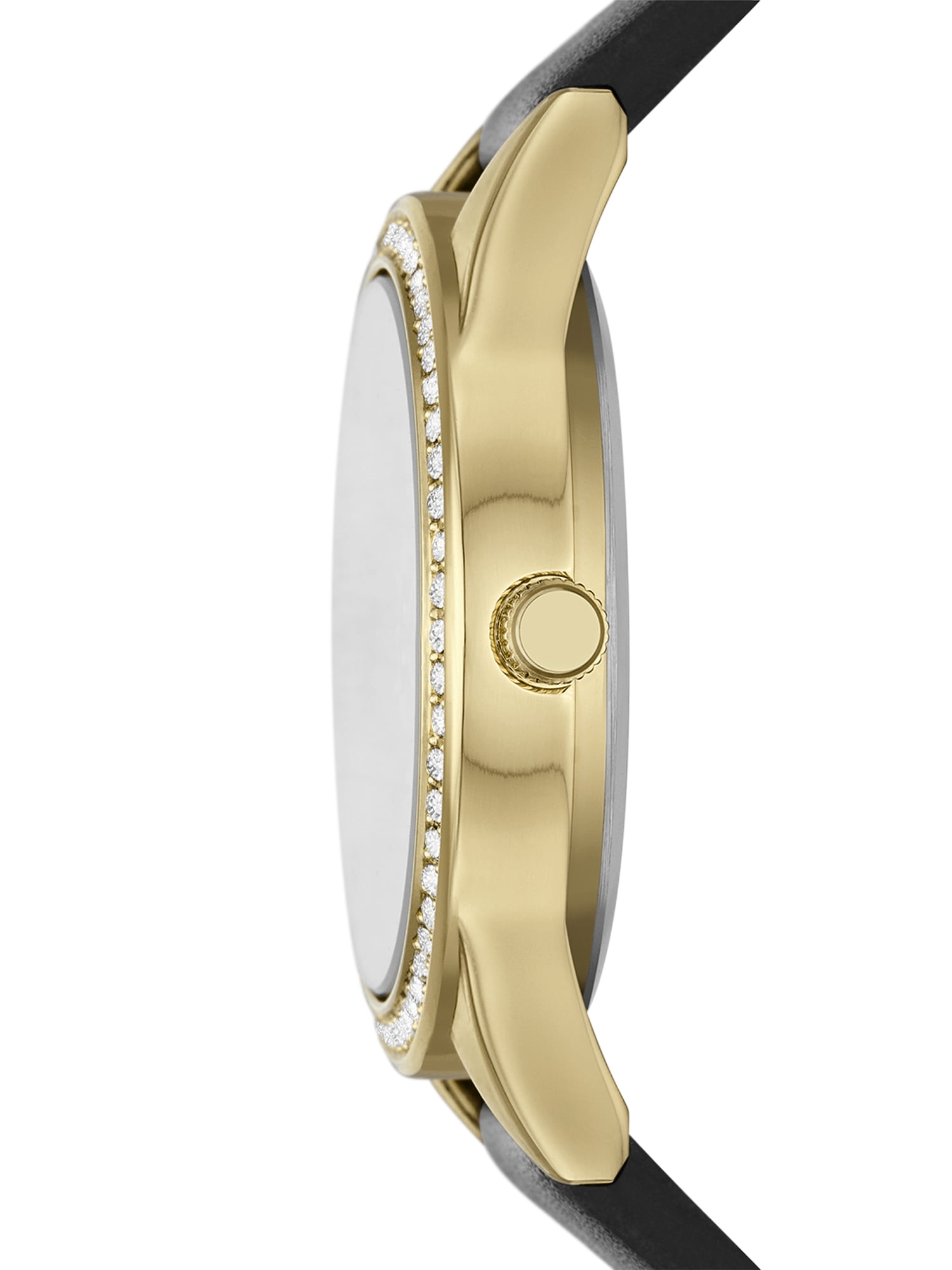 Folio Women's Watch Gift Set: Gold Round Case, Gold Sunray Dial and Black Faux Leather Strap