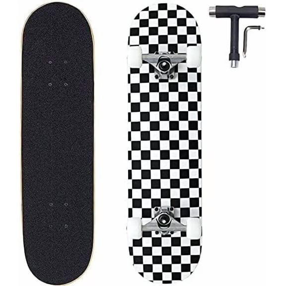 31x8 Inch Pro Skateboard Complete,7 Layer Canadian Maple Wood Double Kick Concave Skate Boards, Tricks Skateboards for Youths,Beginners,Girls,Boys,Kids,Teens,Adults (Black, White)