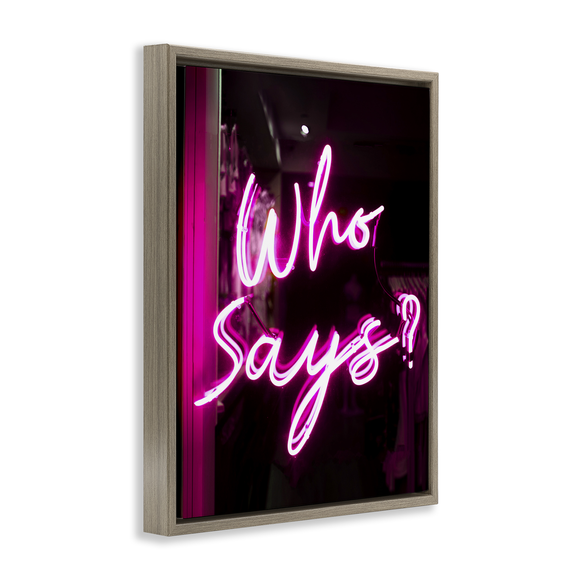 Stupell Industries Pink Neon Who Says Typography Painting Brown Floater Framed Art Print Wall Art, 17 x 21