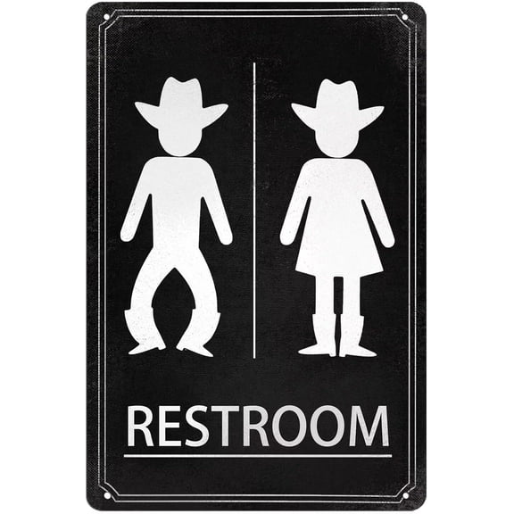 Funny Cowboy Cowgirl Bathroom Metal Tin Signs, Rustic Western Themed Signs Farmhouse Metal Wall Decor Vintage Restroom Novelty Gift 8X12Inch