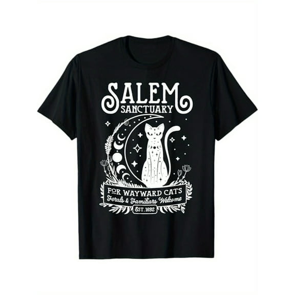 Salem Sanctuary Cat Graphic T-Shirt - 100% Cotton, Black, S-XXXL, Funny Witch Desind, Grandpa, Halloween or Casual Wear, Gift for Cat Lovers | Whimsical Design | Machine Washable Shirt, Cat Clothes