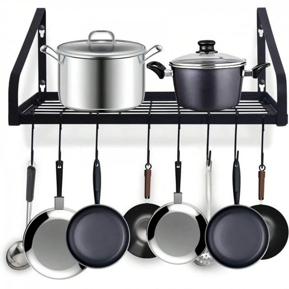 1pc Pot And Pan Hanger, Wall Mounted Pots And Pan Hanging Rack With 8 Hooks For Kitchen Cookware Utensils 2 DIY Methods Black Steel Hanging Pot Rack