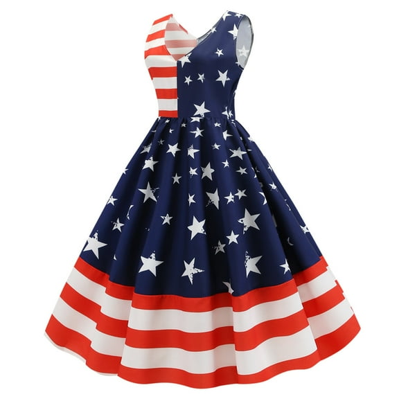 IROINNID A-Line Dress For Women Vintage Sleeveless American Flag Printing Evening Party Swing Dress V-Neck Below The Knee Dress