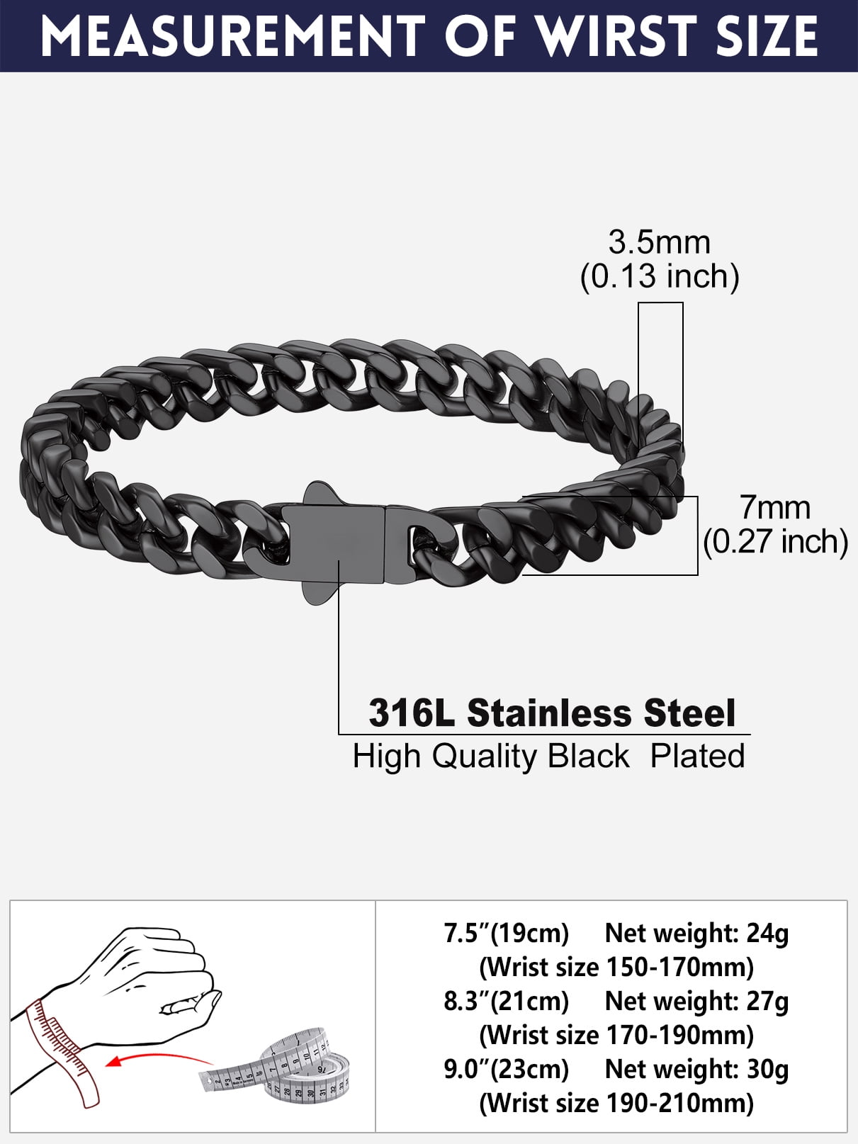 Bandmax 7MM Black Cuban Chain Bracelet for Men 8.3" Stainless Steel Hand Bracelets Gift with Card To Husband Valentine Father's Day Birthday