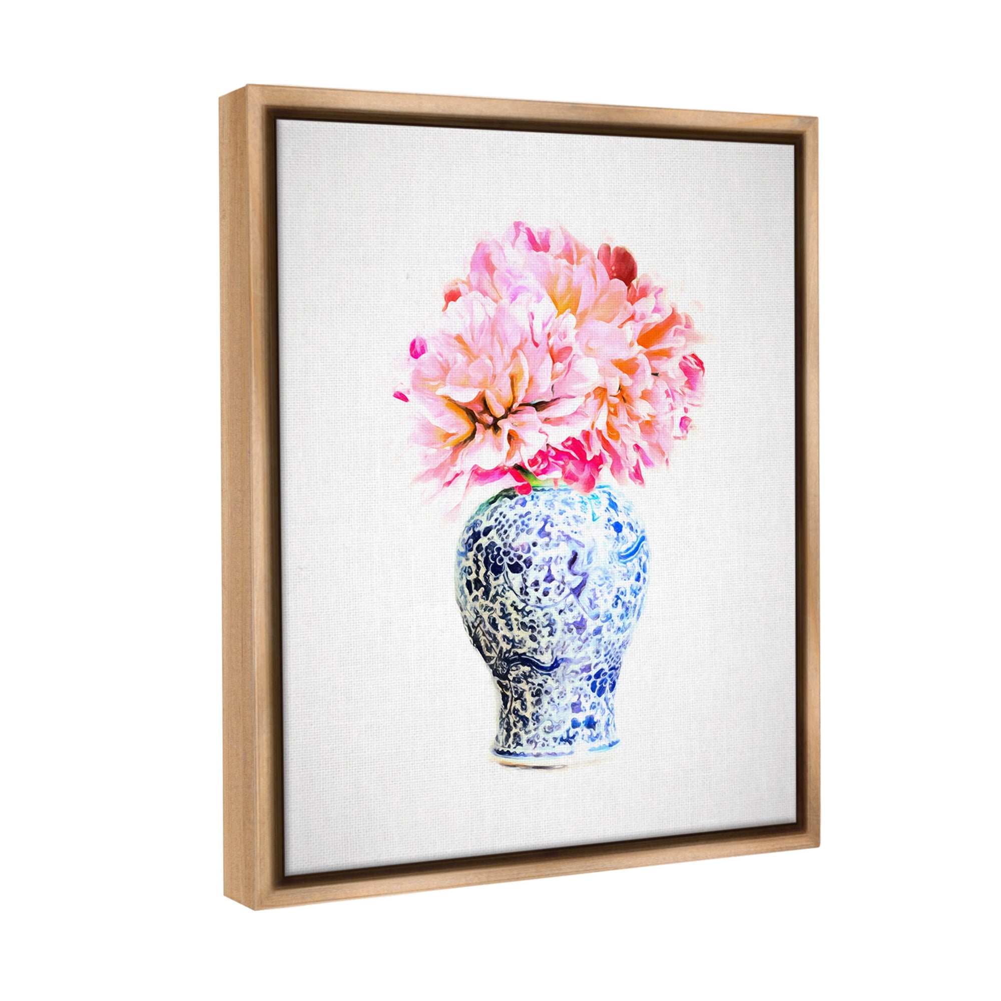 Stupell Industries Dahlia with Oriental Vase Botanical & Floral Painting Brown Floater Framed Canvas Art Print Wall Art, 25 x 31