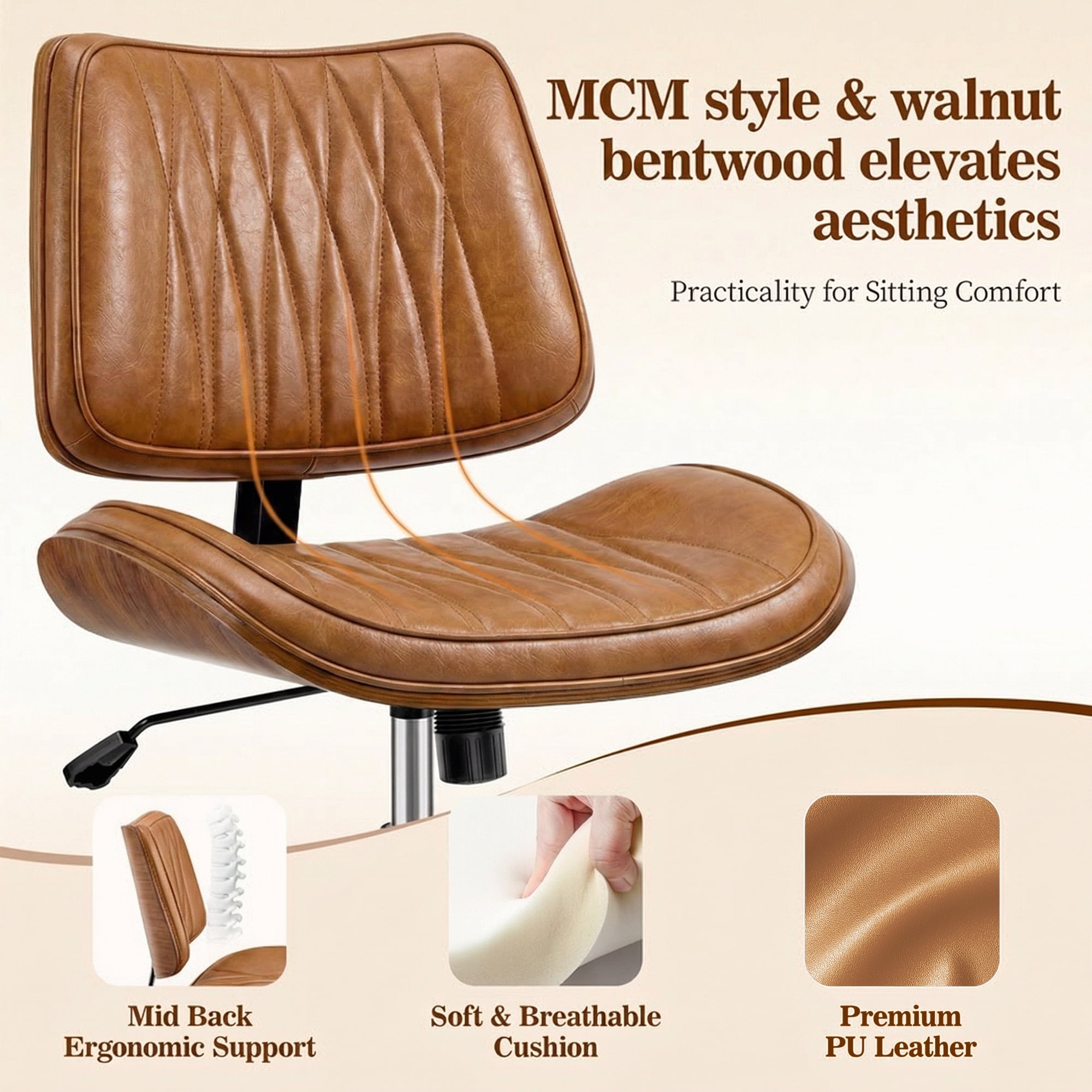 COOLHUT Home Office Chair, Armless Adjustable Height Small Office Desk Chair, PU Leather Swivel Computer Chair, Modern Walnut Bentwood Chair for Office, Reading Meeting Room, Makeup Vanity, Brown