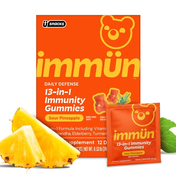 Immun by Gruns Low Sugar Immunity Support Gummies for Adults with Vitamin C, MCT Oil, Ashwagandha, Elderberry, and Zinc, Contains Prebiotic Fiber for Gut Health, 12 Servings