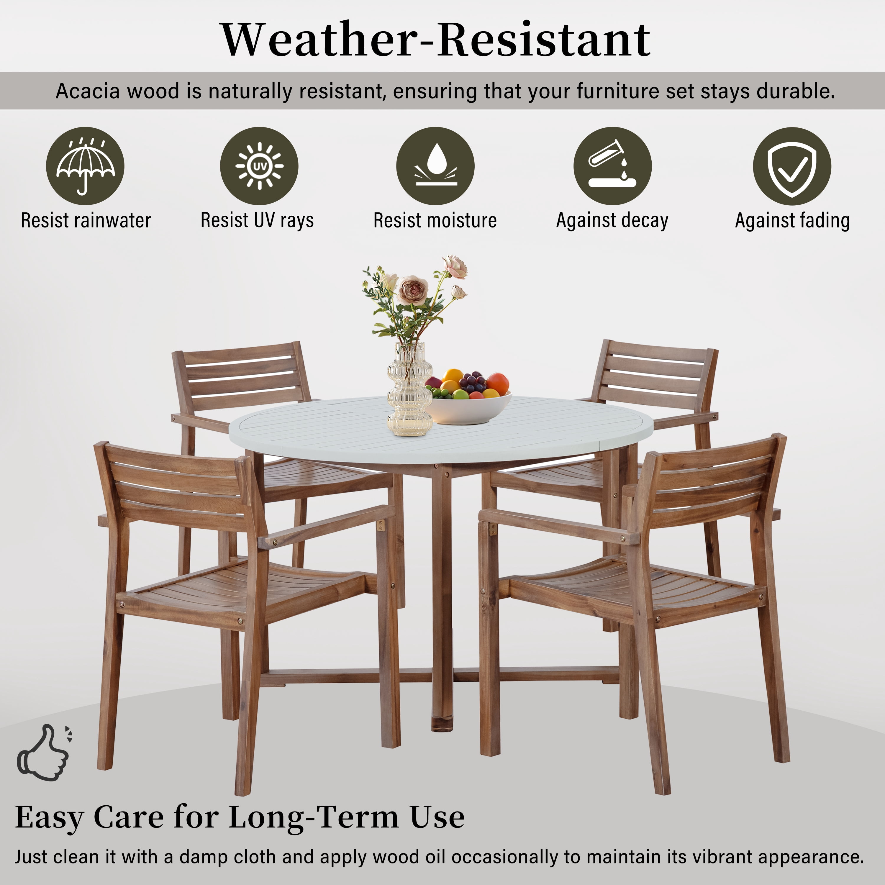 Mintazer 5 Piece Outdoor Patio Dining Set with 47.2" Round Table & 4 Chairs for Patio Lawn Garden & Indoor, Brown & White