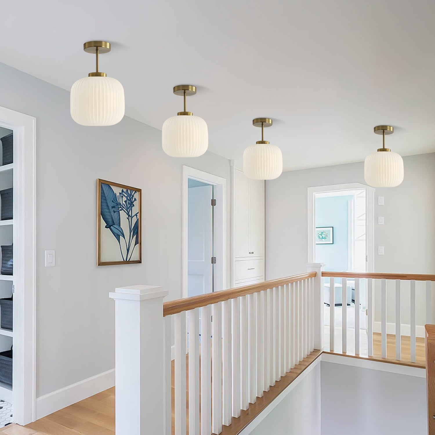 KCO Lighting Ribbed Milk Glass Flush Mount Light Gold and White Ceiling Lamp Brass Kitchen Lighting