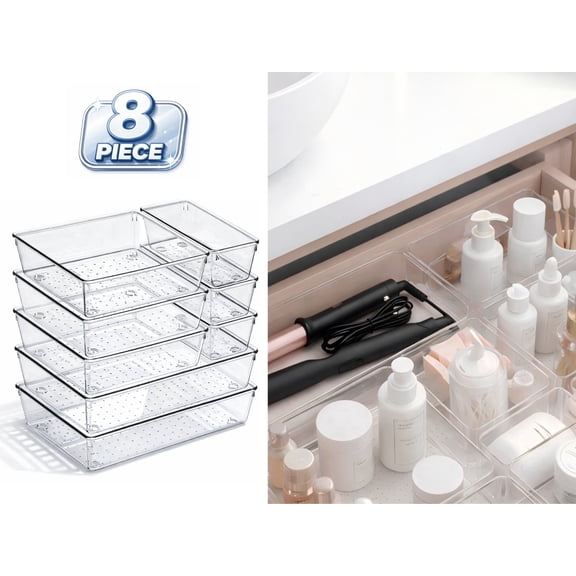 8 Pack Clear Drawer Organizer Bins, Large Acrylic Storage Trays for Bathroom & Kitchen, Heavy Duty Non-Slip Dividers for Utensils, Makeup & Office