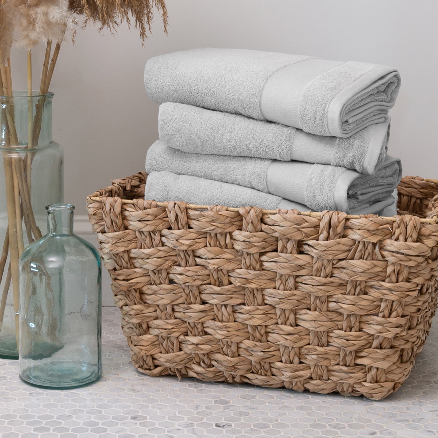 Noble Linens 4 Piece Farmhouse Cotton Bath Towel Set, Light Gray