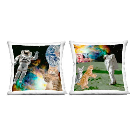Stupell Industries Cats & Astronauts in Space 18" x 18" Novelty & Humor Print Polyester Decorative Pillow Set, Zip Closure 2 Count