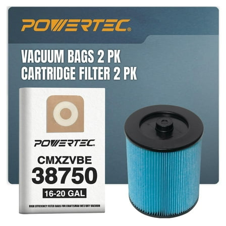 POWERTEC CMXZVBE38750 Vacuum Bags 2PK & 17816 Cartridge Filters 2PK, for Craftsman 38750 16 to 20 Gal Filter Bags, 17907/17912 Filter for Most 5 Gallon and Above Wet/Dry Vacs (75116N)