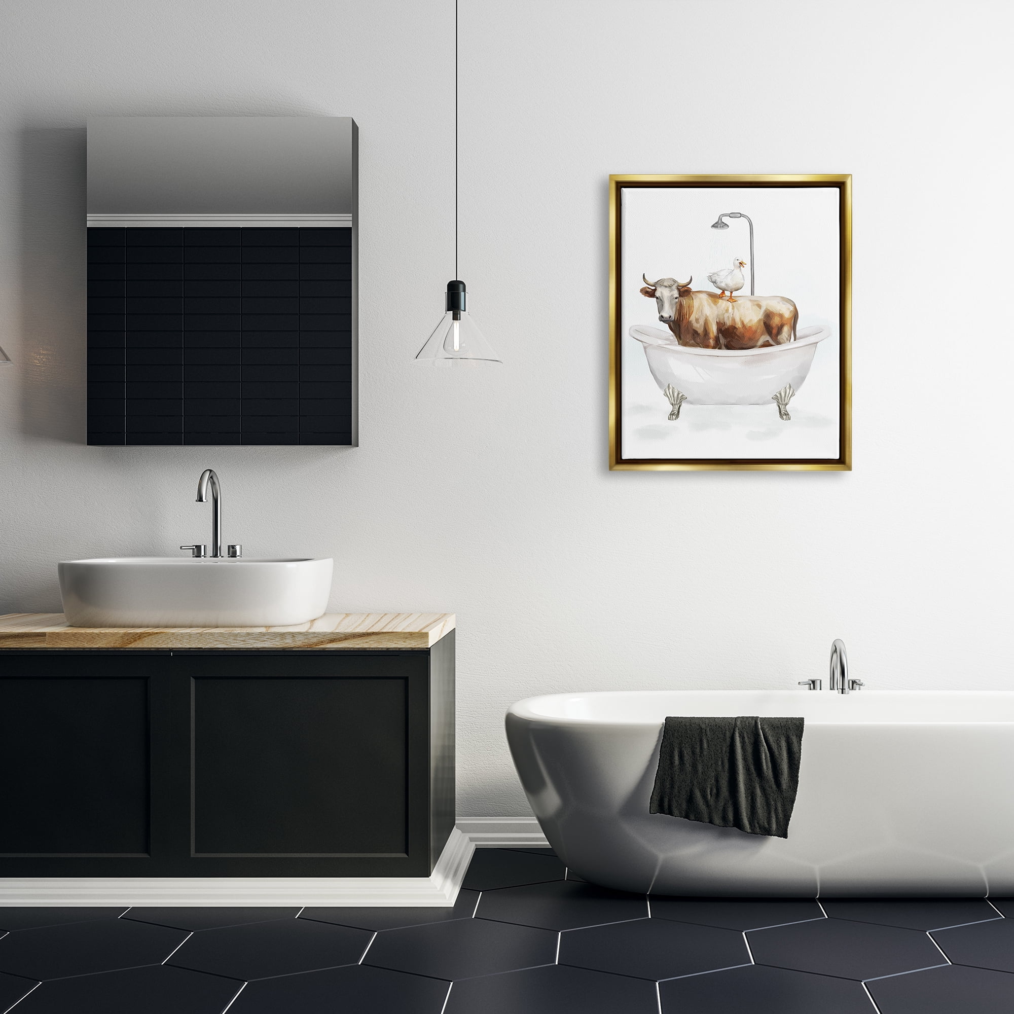 Stupell Industries Farm Animals Bathtub Animals & Insects Painting Gold Floater Framed Canvas Art Print Wall Art, 25 x 31