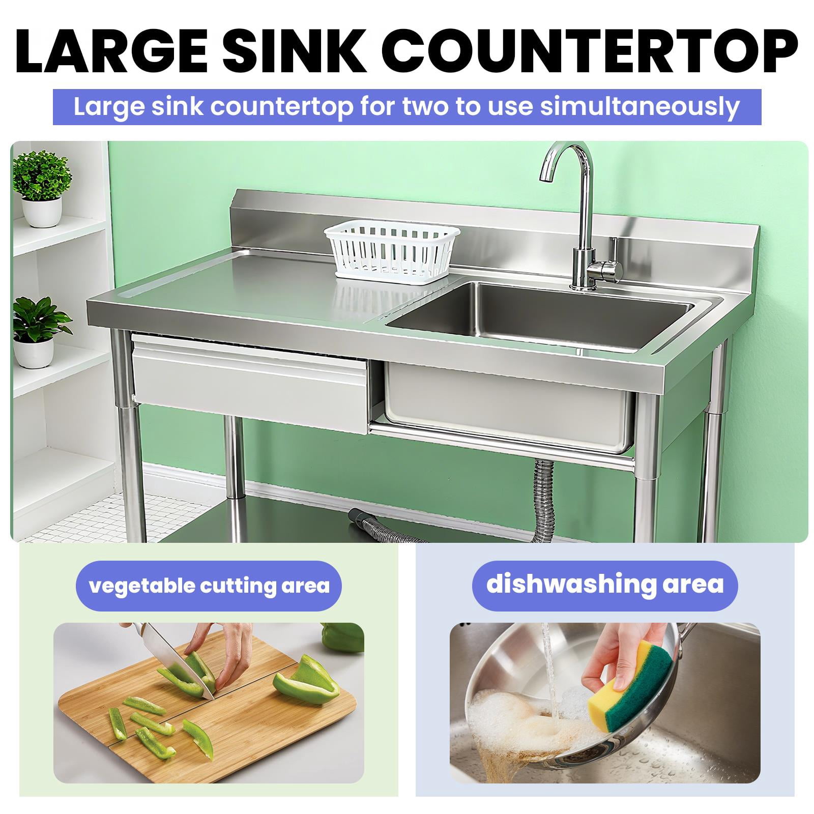 Drawer Stainless Steel Commercial Sink,Free Standing Utility Sink With Single Bowl And Pull-Out Faucet,Durable 201 Stainless Steel Construction,Stainless Steel Utility Sink For Restaurant Or Bar