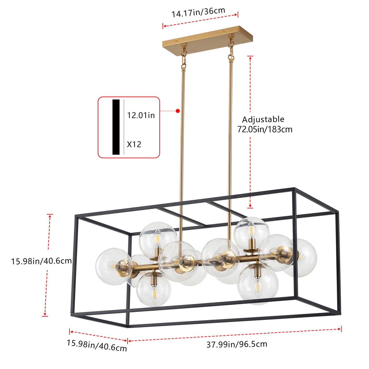 Industrial 12-Light chandelier, Black and Gold caged Lantern Light Fixture, Rustic Kitchen Island Pendant Lighting