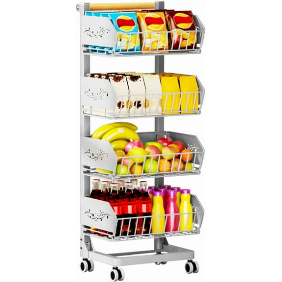 Heavy 4-Tier Snack Cart with Wheels ，Removable Rolling Pantry Floor Organizers ，Upgraded Wider and Thicker, Kitchen Fruit Basket Stand and Storage Rack for Fruit Snack Onion Potato