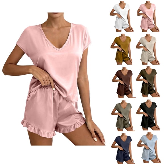 Bixock Pajamas for Women Solid Color V Neck Sleeveless Top Short Pants Summer Lightweight 2 Piece Loungewear Set Sleepwear