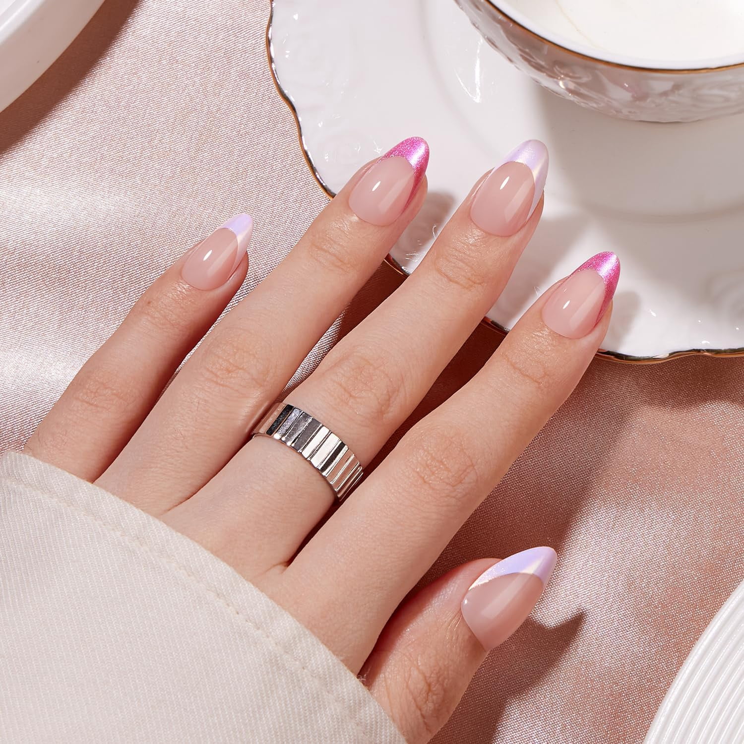 VSALON Press On Nails Short Almond 42 Pcs White Pink French Tip Glitter Chrome Nails in 16 Sizes Reusable Fake Nail Kit With UV Glue Easy Tabs Nail Glue Remover Summer DIY Home Salon Gift For Women
