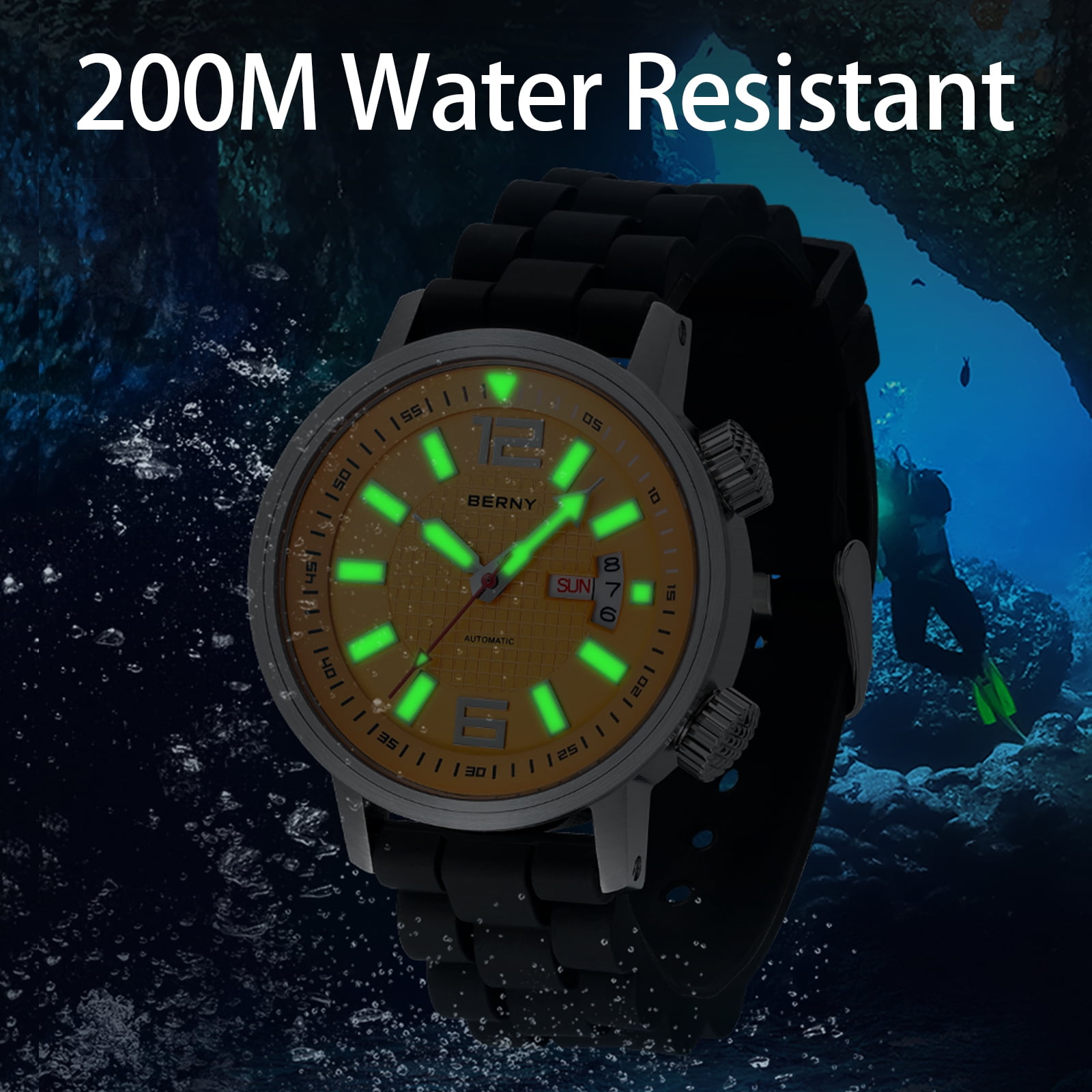 BERNY Automatic Dive Watches for Men, Sport 200M Waterproof Analog Mechanical Watch with Day & Date, Super Luminous, Silicone Strap, Stainless Steel, Sapphire Crystal, Men's Pro Diver Watch (Yellow)