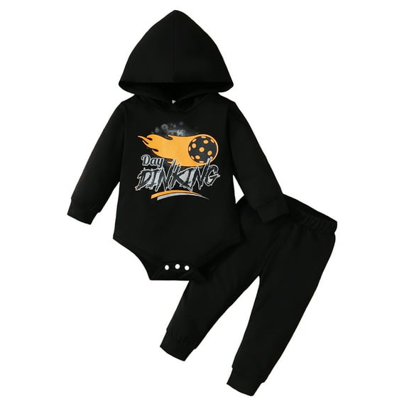 Infant Baby Boys Clothes Baby Boys Outfits Long Sleeve Letter Print Hooded Romper Top Pants 2PCS Boys Clothing Set Black 9-12 Months