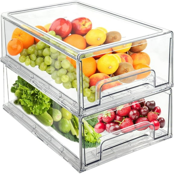 2Pack Clear Fridge Drawers Pull Out Stackable Refrigerator Drawer Organizer Bins Pantry Storage Box Plastic Food Containers for Kitchen Bathroom Office Closet