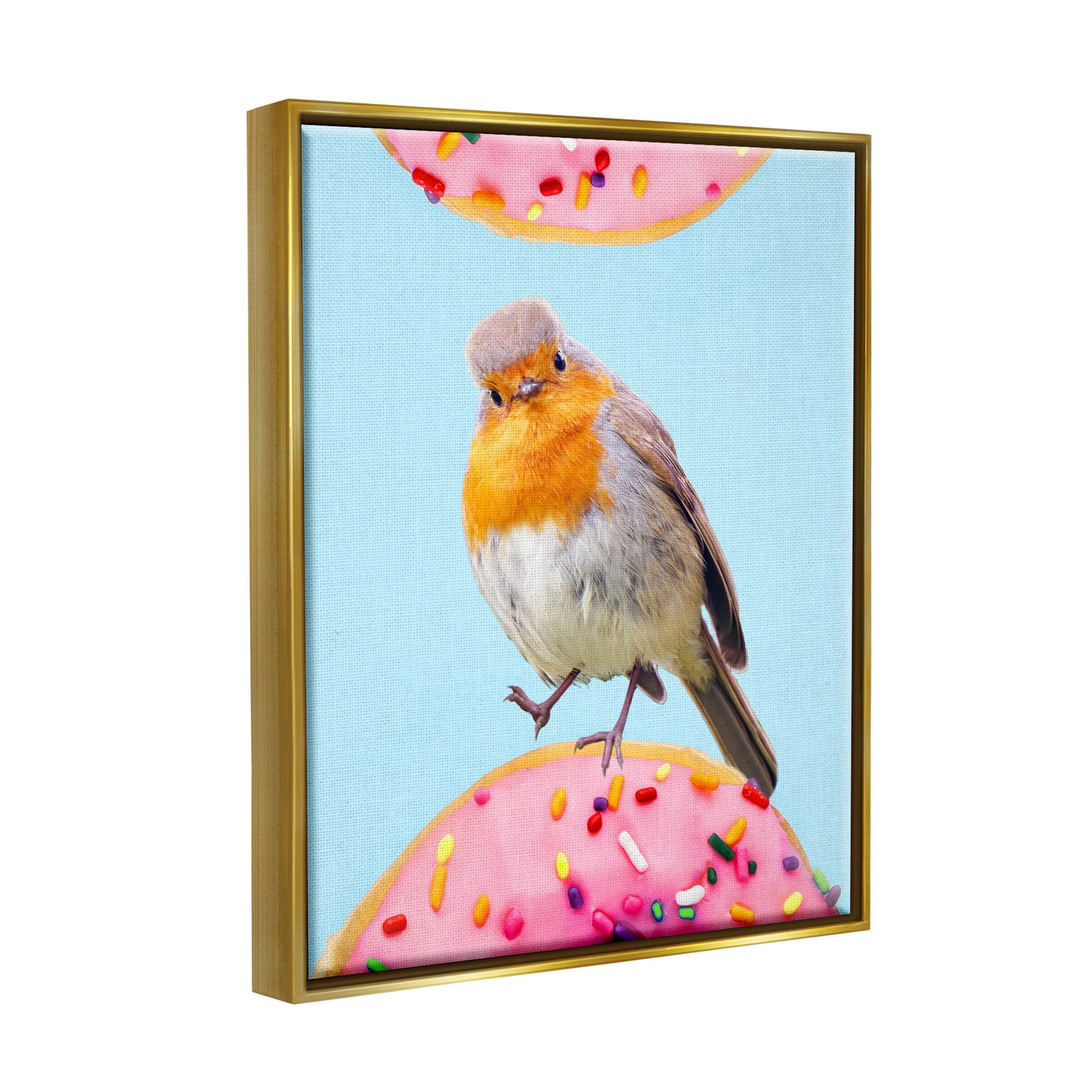 Bird Perched Sprinkled Donut Animals & Insects Graphic Art Metallic Gold Framed Art Print Wall Art