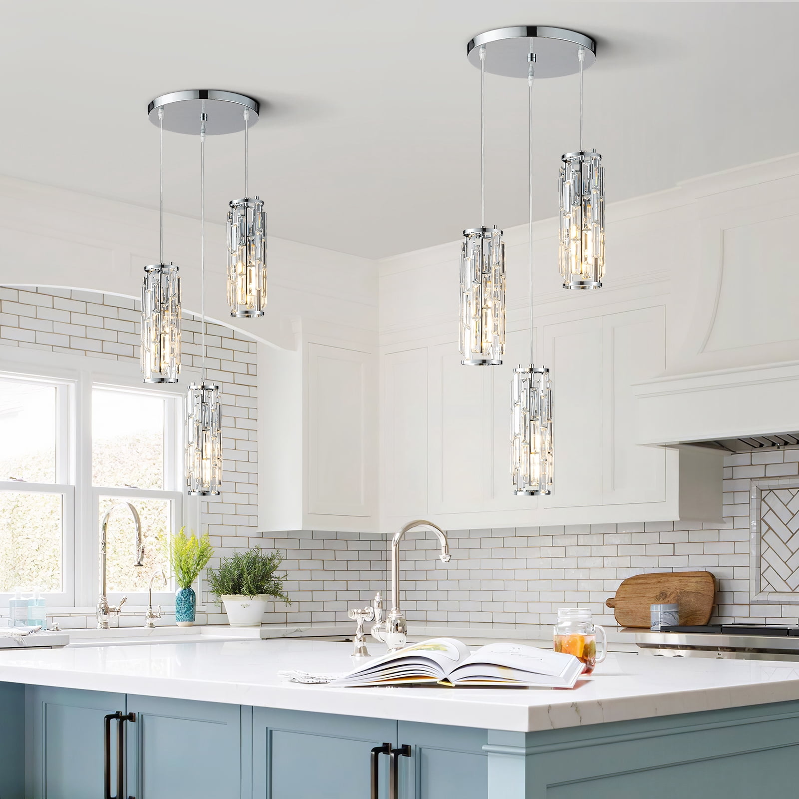 Mini Crystal Chandeliers Adjustable Pendant Light Modern Chrome Pendant Light Fixture for Living Room, Dinning Room, Kitchen Island and Bedroom(3-light)