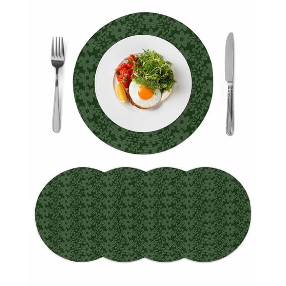 Dark Green Gold Floral Round 13 Inch Placemats Set of 4, Modern Abstract Art Spring Flowers HeatResistant Non Slip Place Mats for Dining Table, Wipeable Braided Kitchen Table Mats for Housewarming