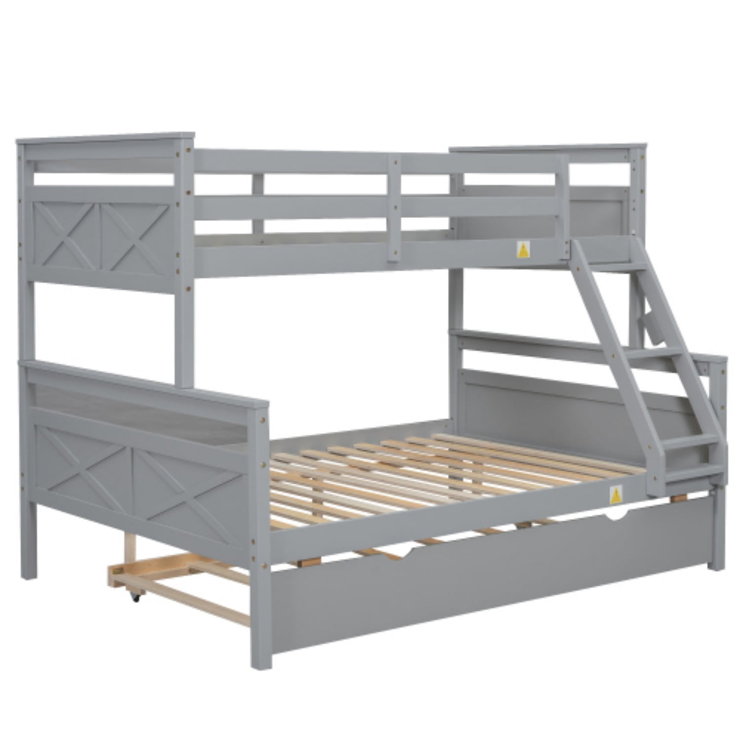 Twin Over Full Bunk Bed with Twin Trundle, Convertible Wood Bunk Bed with Ladder and Safety Guardrails, Twin Full Bed Frame for Kids Bedroom, Gray