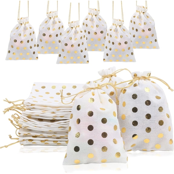 Gold Dot Party Favor Bags. 24 Pcs Burlap Candy Treat Bag with Drawstring for Birthday Party and Wedding Gift Wrapping-4X6 inches