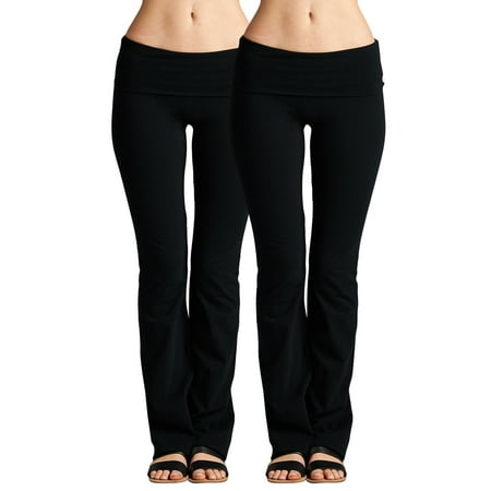 Women & Juniors Active Workout Fitness Stretch Comfy Lounge Flare Fit Yoga Pants (2PK: BLACK/BLACK, L)