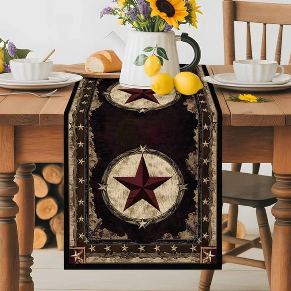 Kitchen Table Runner 36 Inches Long, Rustic Texas Western Stars on Wooden Cotton Linen Table Runners for Dining Tables Home Holiday Party Wedding, Vintage Farmhouse Wood Tabletop Scarf