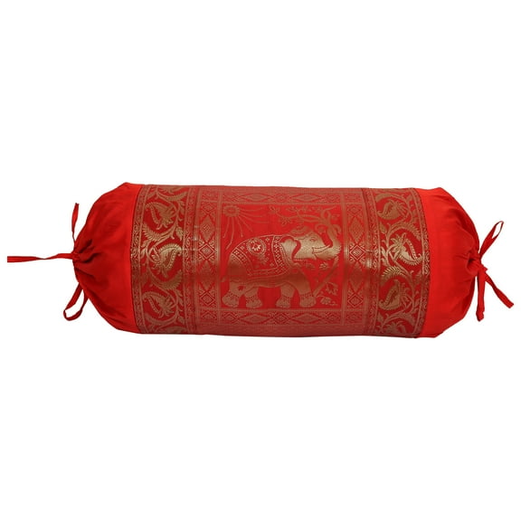 Stylo Culture Ethnic Polydupion Cylindrical Tubular Bolster Pillow Cover Red Jacquard Brocade Border Elephant Large Diwan Cylinder Pillow Cushion Cover (1 Pc) | 30x15 Inches (76x38 cm)