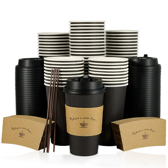 100 Count 16 oz Black Paper Coffee Cups with Lids and Sleeves, Disposable Hot Drink Cups for Hot Chocolate Beverages, Includes Stirring Sticks for Party Event Travel, black