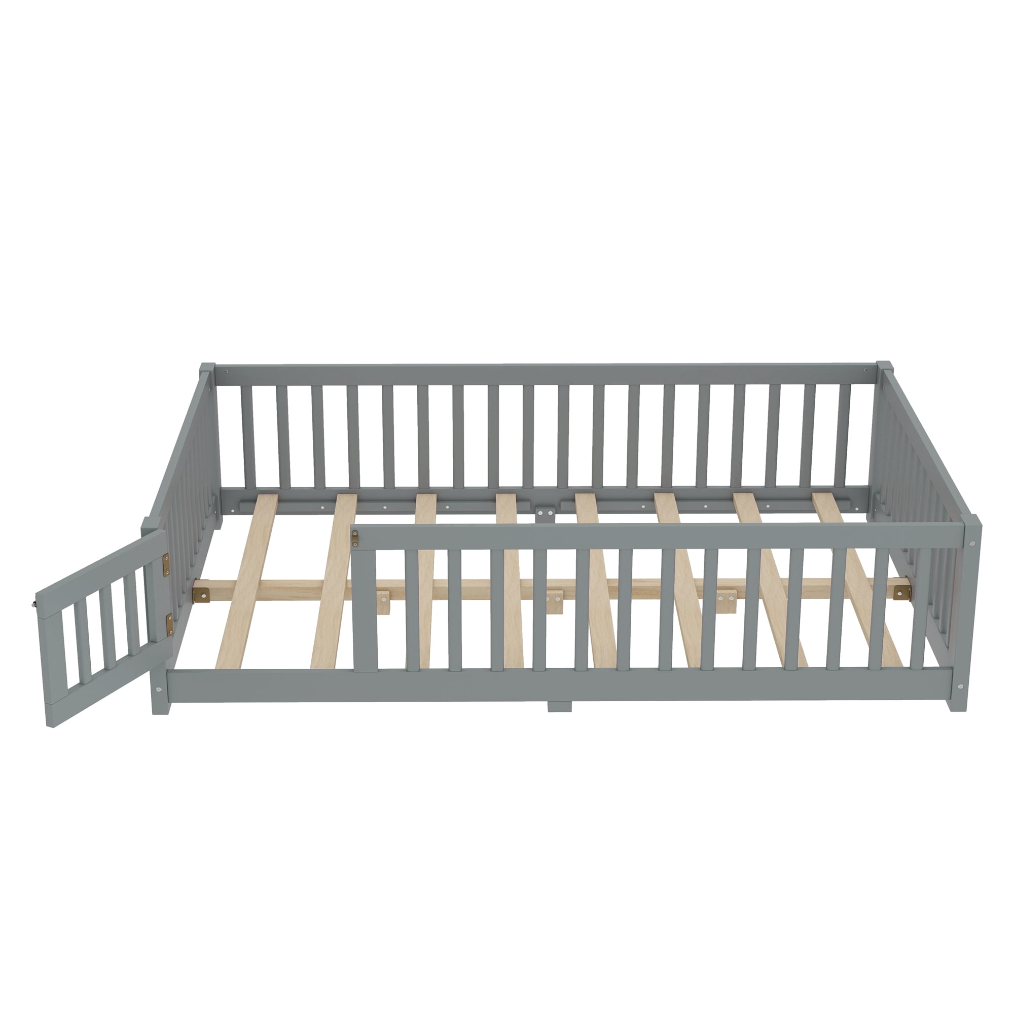 Jopath Full Size Floor Bed Frame,Montessori Bed with Guardrails and Door,with Slatted Base,for Kids,Boys,Girls,Gray
