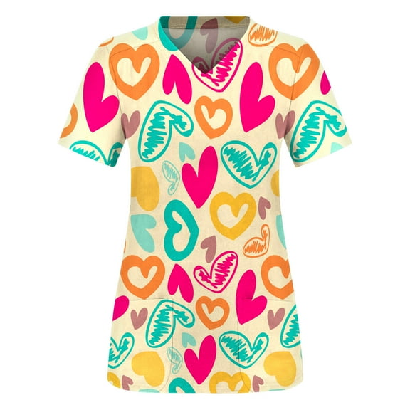 Luxalzxs Working Uniform for Womens Valentine's Day Short Sleeve V-Neck Heart Graphic Print Nurse Uniform Blouse Scrubs Tops with Pockets