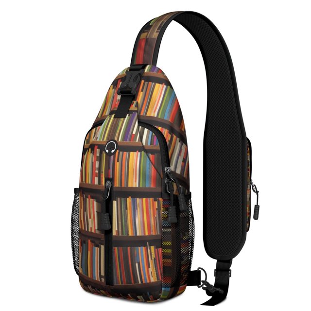 Bookshelf Wall Pattern Sling Bag, Library Reading Crossbody Backpack for Bookworms, Born to Read Travel Daypack