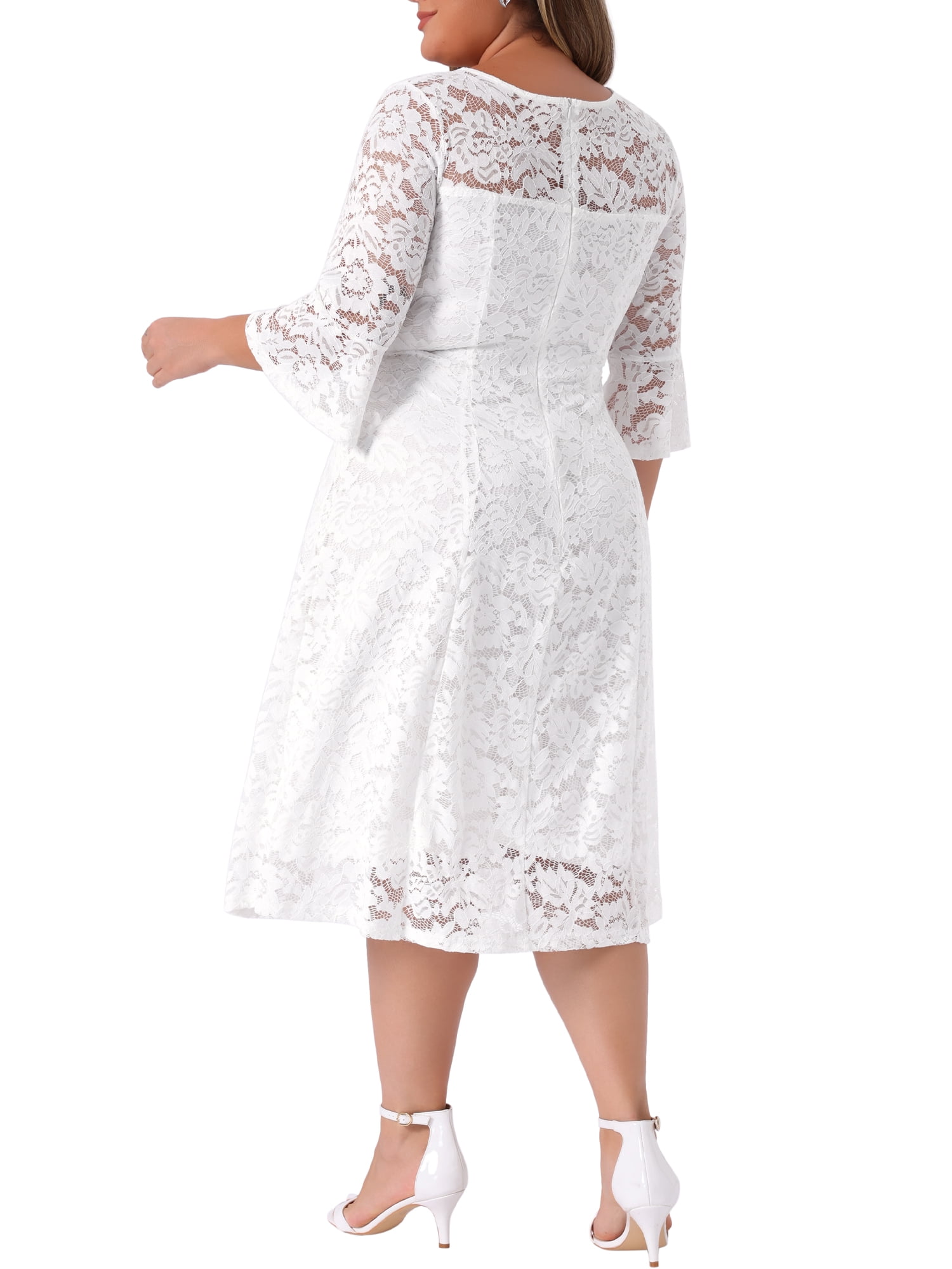 DARING DIVA Women's Plus Size Lace V-Neck 3/4 Sleeve Midi Evening Dress 1X White