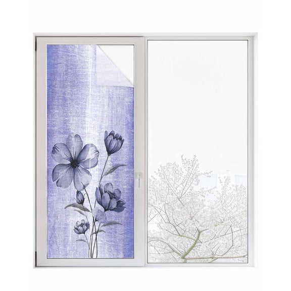 Window Privacy Film Purple Floral Stained Glass Window Film Decorative Sun Block Window Cover Vintage Botanical Gradient Pastel Painting Window Clings Static Adhesive Sticker for Bathroom 23.6"x59"